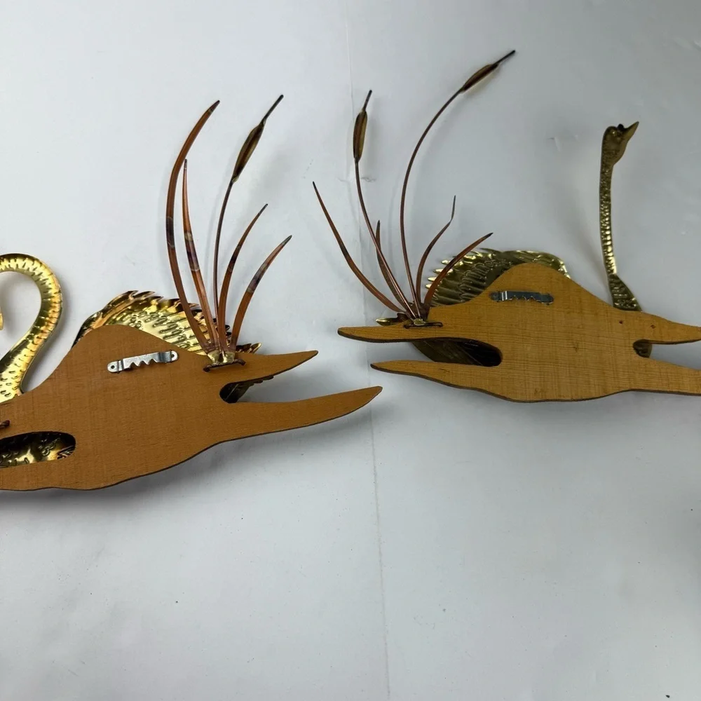 Mid Century Modern Vintage Brass and Wood Swan Wall Hanging LOT OF 2 Retro